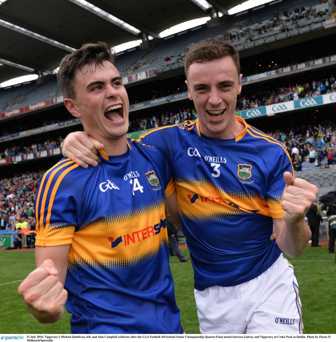 SCALP: Tipperary's Michael Quinlivan and Alan Campbell soak in the joy of beating Galway in the 2016 All-Ireland SFC quarter final at Croke Park. Pic: Piaras Ó Mídheach/Sportsfile