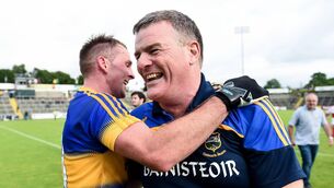 <p>JOY: Tipperary manager Liam Kearns celebrates with Peter Acheson after the Premier's All-Ireland SFC rd 4 win at Kingspan Breffni Park in Cavan. Pic: Oliver McVeigh/Sportsfile</p>