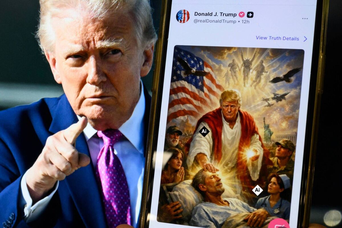 A picture of US president Donald Trump on a screen and an AI-generated picture he posted on his Truth Social platform depicting himself as Jesus Christ after criticising Pope Leo XIV. Picture: Mandel Ngan / AFP / Getty.