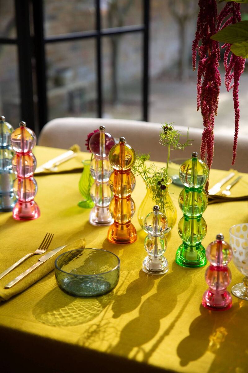 Stolen from deco, the bobbin shape turned our heads with furniture, and is still bobbing along this season in home and garden design. Add glamour and iconic seasoning to your indoor/outdoor dining with these Addison Ross bobbin salt and pepper grinders in gem-like acrylic; from €46, Eu.addisonross.com.