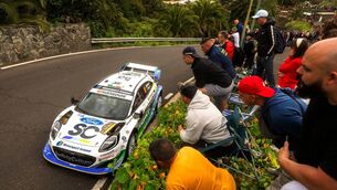<p>Josh McErlean/Eoin Treacy (Ford Puma Rally1) lead the Irish challenge in ninth place in Rally Islas Canarias, round five of the World Rally Championship. Pic: Jaanus Ree/Red Bull Content Pool.</p>