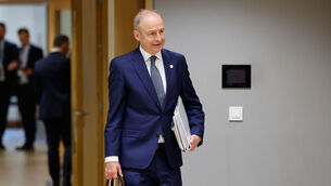 <p>Micheál Martin arrives for a round table meeting at the EU summit in Brussels, on Thursday, March 19, 2026. Picture: Geert Vanden Wijngaert/AP</p>