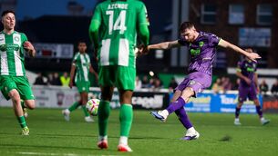 <p>Cork City's Conor Drinan shoots to score his side's goal. Pic: Nick Elliott/Inpho</p>