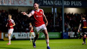 <p>St Pats’ Ryan Edmondson celebrates scoring his side’s third goal. Pic: Ryan Byrne/Inpho</p>