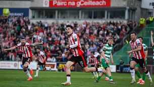 <p>Meathman James Clarke scored the winner for Derry City against Shamrock Rovers at Celtic Park. Pic: Stephen McCarthy/Sportsfile</p>