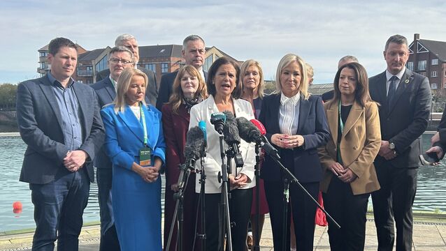 <p>Sinn Fein President Mary Lou McDonald and vice-president Michelle O'Neill speak to the media, ahead of the second day of the party's Ard Fheis Picture: Claudia Savage /PA Wire</p>