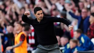 <p>PUNCHING UP: Arsenal manager Mikel Arteta celebrates at the full-time whistle during the Premier League match at the Emirates Stadium, London. Pic: John Walton/PA Wire</p>