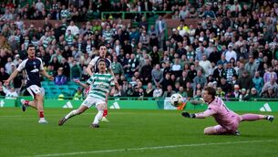 <p>COULD HAVE BEEN THREE: Celtic's Daizen Maeda (second left) misses a chance at goal during the William Hill Premiership match at Celtic Park, Glasgow. Picture date: Saturday April 25, 2026. PA Photo. Photo credit should read: Andrew Milligan/PA Wire</p>