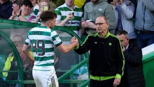 <p>WELL DONE SON: Celtic's James Forrest (left) shakes hands with manager Martin O'Neill after being substituted during the William Hill Premiership match at Celtic Park, Glasgow. Pict: Andrew Milligan/PA Wire</p>