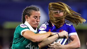 <p>NOW YOU SEE ME: Ireland's Emily Lane tackles France’s Pauline Bourdon Sansus during the 2026 Guinness Women's Six Nations Championship Round 3, Parc des Sports Marcel Michelin, Clermont-Ferrand. Pic:  INPHO</p>