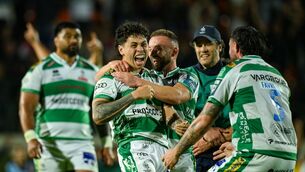 <p>GREEN MACHINES: Jacob Umaga of Benetton, second from left, celebrates with teammates after kicking the winning penalty during the United Rugby Championship match between Benetton and Leinster at Stadio Monigo in Treviso, Italy. Photo by Brendan Moran/Sportsfile</p>