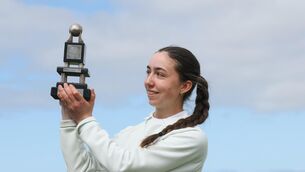 <p>NO STOPPING HER: Anna Abom celebrates winning with the trophy after winning the South of Ireland Women's Amateur Open, Lahinch Golf Club, Clare. Pic: INPHO/Tom Maher</p>