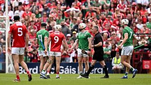 <p>SEEING RED: Limerick wizard Cian Lynch is shown a straight red card by referee James Owens at SuperValu Páirc Uí Chaoimh in Cork. Pic: Seb Daly/Sportsfile</p>