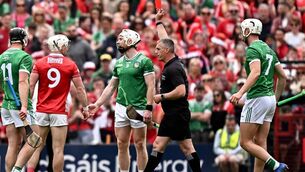 <p>SEEING RED: Limerick wizard Cian Lynch is shown a straight red card by referee James Owens at SuperValu Páirc Uí Chaoimh in Cork. Pic: Seb Daly/Sportsfile</p>