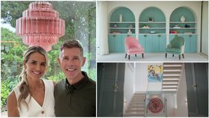 <p>Vogue Williams and Dermot Bannon and right, inside Vogue's home. Pictures: RTÉ</p>