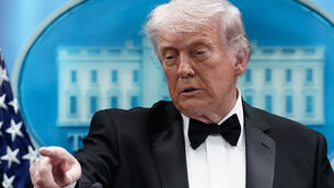 <p>President Donald Trump speaks at the White House after an unspecified threat at the annual White House Correspondents’ Association Dinner (Jose Luis Magana/AP)</p>