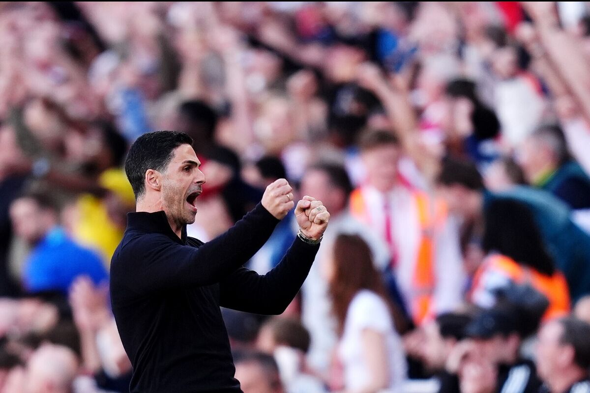 Arsenal manager Mikel Arteta celebrates after Eberechi Eze scores. Pic: John Walton/PA Wire.