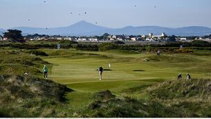 <p>GETTING CLOSER: A general view of the 12th green during day one of the Irish Challenge Golf at Portmarnock Golf Links in Dublin. Pic: Ramsey Cardy/Sportsfile.</p>