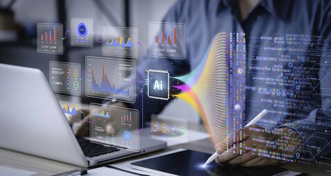 Data analysis science and big data with AI technology. Analyst or Scientist uses a computer and dashboard for analysis of inform