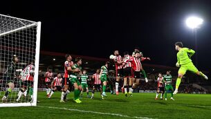 <p>Roberto Lopes of Shamrock Rovers heads on goal during the SSE Airtricity Men's Premier Division match between Derry City and Rovers. Pic:  Stephen McCarthy/Sportsfile</p>