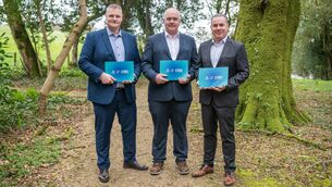 <p>Carbery chief financial officer Liam Hughes, chair Vincent O'Donovan, and chief executive Jason Hawkins as the food and ingredients producer reported strong results for 2025. Picture: Anna Groniecka</p>