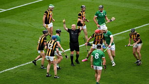 <p>Referee John Keenan instructs players to move back during the GAA Hurling All-Ireland Senior Championship final match between Kilkenny and Limerick. Pic: Daire Brennan/Sportsfile</p>