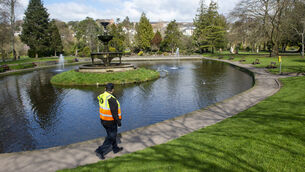 <p> A security man on patrol in a near deserted Fitzgerald’s Park in Cork. Picture: Dan Linehan</p>