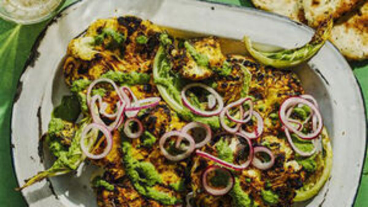 Garam Masala Cauliflower Steaks with Mint Chutney and Pickled Onions