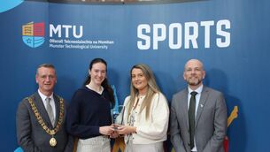 <p>GREAT YEAR: Lord Mayor of Cork Cllr. Fergal Dennehy with Former Cork Ladies Footballer Annie Walsh and MTU Vice President for People &amp; Culture presenting Aoife O' Sullivan (Athletics/Liscarroll) with her MTU Sports Person of the Year Award. Pic: MTU Cork</p>