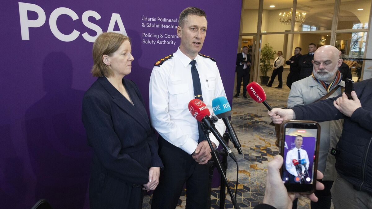 Policing and Community Safety Authority chairperson Elaine Byrne and Garda Commissioner Justin Kelly at the last PCSA public meeting in Malahide in February. Ms Byrne and her team visited 17 garda stations in Co Cork ahead of today's meeting in Midleton. Picture: Sam Boal/Collins
