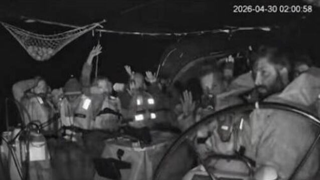 <p>A screengrab from one of the cameras onboard showing the interception of one of the vessels in the flotilla. Picture: eire_globalsumud </p>