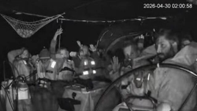<p>A screengrab from one of the cameras onboard showing the interception of one of the vessels in the flotilla. Picture: eire_globalsumud </p>