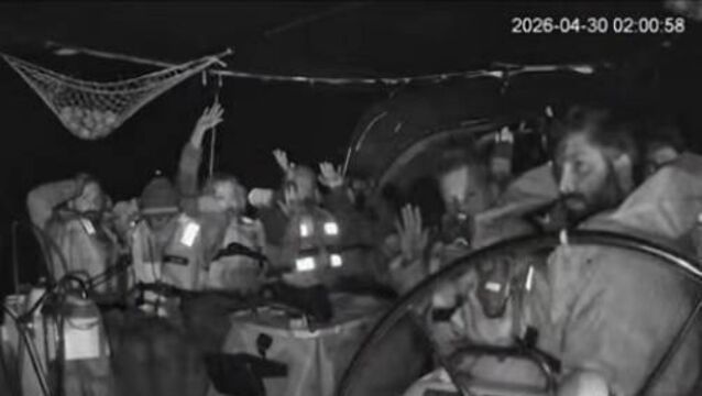 <p>A screengrab from one of the cameras onboard showing the interception of one of the vessels in the flotilla. Picture: eire_globalsumud </p>
