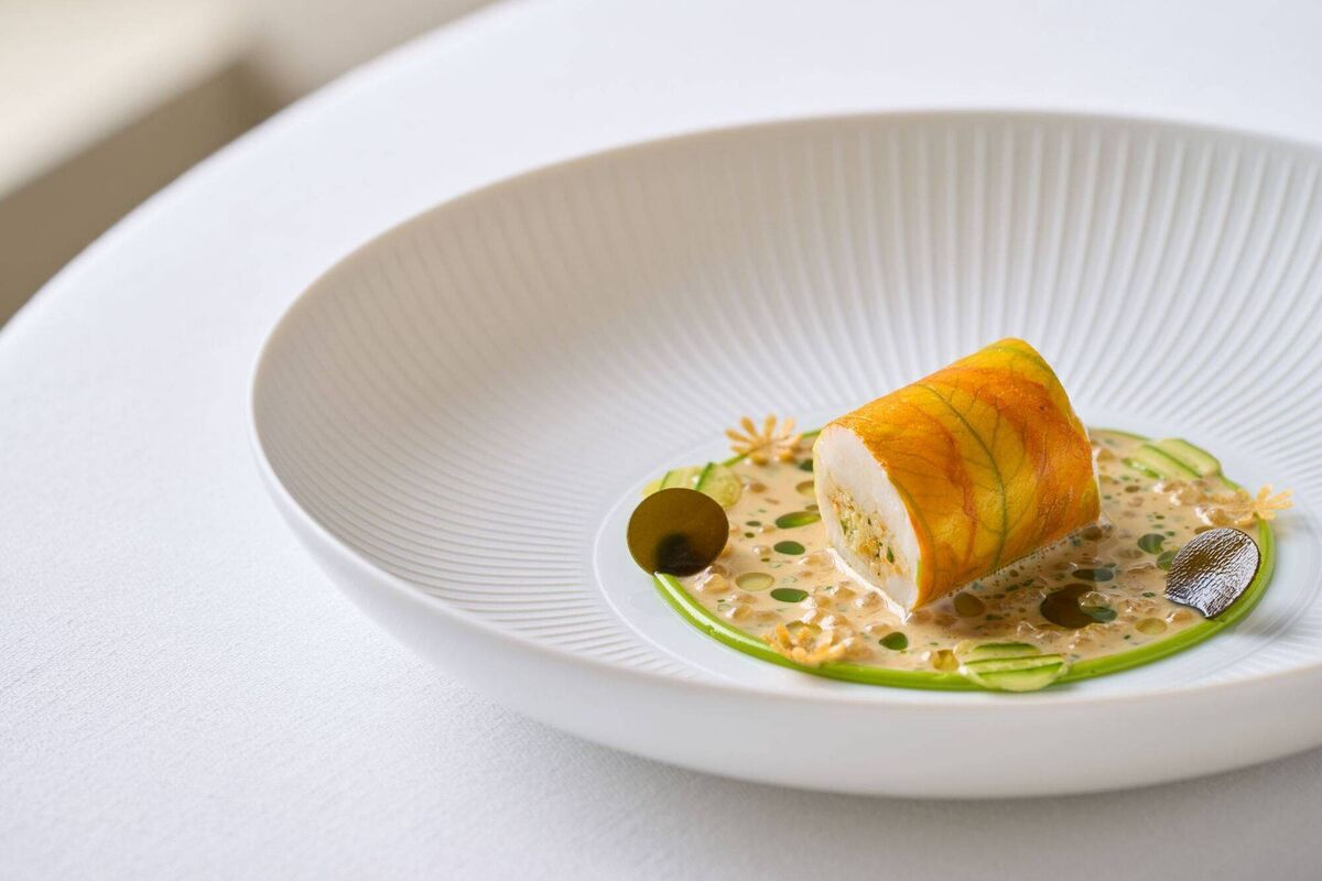 Wild Irish turbot, Ballycotton kombu, kaffir lime, vin jaune sauce at Terre