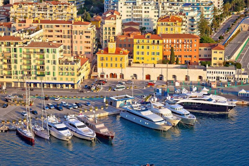 Sleek yachts line seafront at Nice on the Cote d'Azur 