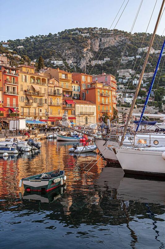 The pastel houses of Villefranche-sur-mer at sunrise