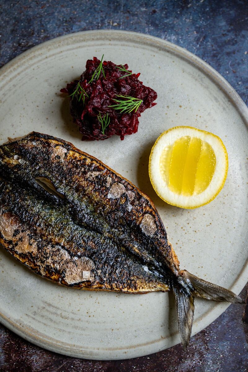 Grilled mackerel beetroot and apple chutney. Picture: Chani Anderson