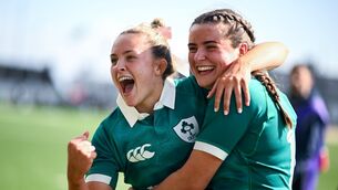 <p>Lucia Linn, left, and Katie Corrigan of Ireland celebrate beating Italy at Dexcom Stadium. Picture: Shauna Clinton/Sportsfile</p>