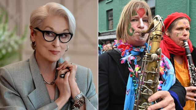 <p>Meryl Streep in The Devil Wears Prada 2 (left) and some of the colour at the Ballydehob jazz festival parade in 2024.</p>