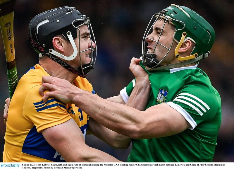 Tony Kelly of Clare and Seán Finn of Limerick square up during the 2022 Munster final in Thurles. Picture: Brendan Moran/Sportsfile