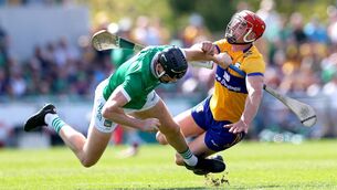 <p>LAST DANCE? Limerick’s Diarmaid Byrnes and Peter Duggan of Clare collide in Ennis two years ago. Picture: INPHO/James Crombie</p>