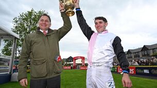 <p>TEAM EFFORT: Bob Olinger and Darragh O'Keeffe won the Ladbrokes Champion Stayers Hurdle (Grade 1) for Henry de Bromhead. Healy Racing Photo</p>
