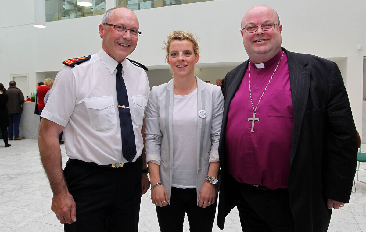 Then Garda chief superintendent Mick Finn, footballer Valerie Mulcahy, and Bishop Paul Colton marking LGBT awareness week at Cork City Hall in 2015. Picture: Jim Coughlan.