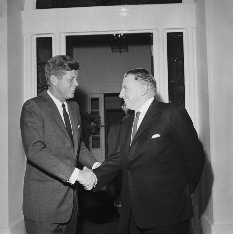 US president John F. Kennedy with Taoiseach Seán Lemass at the US Embassy in Dublin during a visit to Ireland in June 1963. File photo: Evening Standard/Hulton Archive/Getty Images US president John F. Kennedy with Taoiseach Seán Lemass at the US Embassy in Dublin during a visit to Ireland in June 1963. File photo: Evening Standard/Hulton Archive/Getty Images