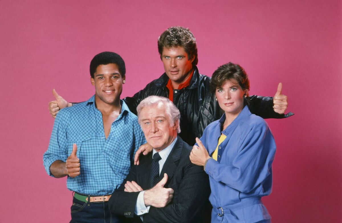 Cork actor Edward Mulhare, front, with David Haselhoff and the other cast members of Knight Rider. 
