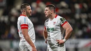 <p>Stuart McCloskey, left, and Nick Timoney of Ulster. Pic: Ramsey Cardy/Sportsfile</p>