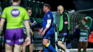 <p>Leinster's Tadhg Furlong leaves the field due to injury. Pic: Roberto Bregani/Inpho</p>