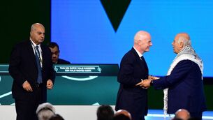 <p>FIFA President Gianni Infantino (C) interacts with the President of the Palestine Football Association Jibril Rajoub as the Vice-President of Israel Football Association Basim Sheikh Suliman (L) looks on during a heated moment in the 76th FIFA Congress in Vancouver, Canada on April 30, 2026. (Photo by Don MacKinnon / AFP via Getty Images)</p>
