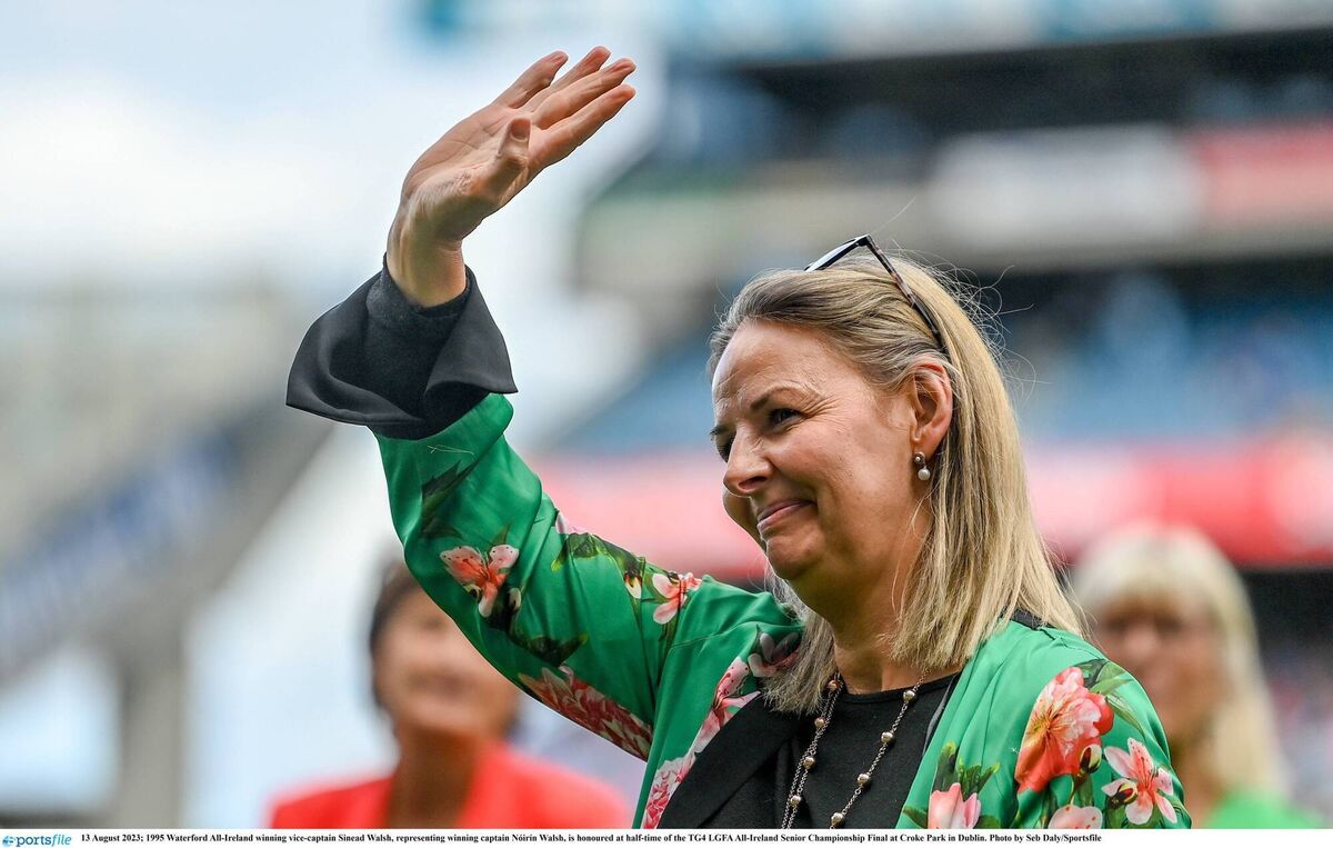 1995 Waterford All-Ireland winning vice-captain Sinead Walsh, representing winning captain Nóirín Walsh, is honoured at half-time of the 2023 TG4 LGFA All-Ireland Senior Championship Final at Croke Park in Dublin. Photo by Seb Daly/Sportsfile 