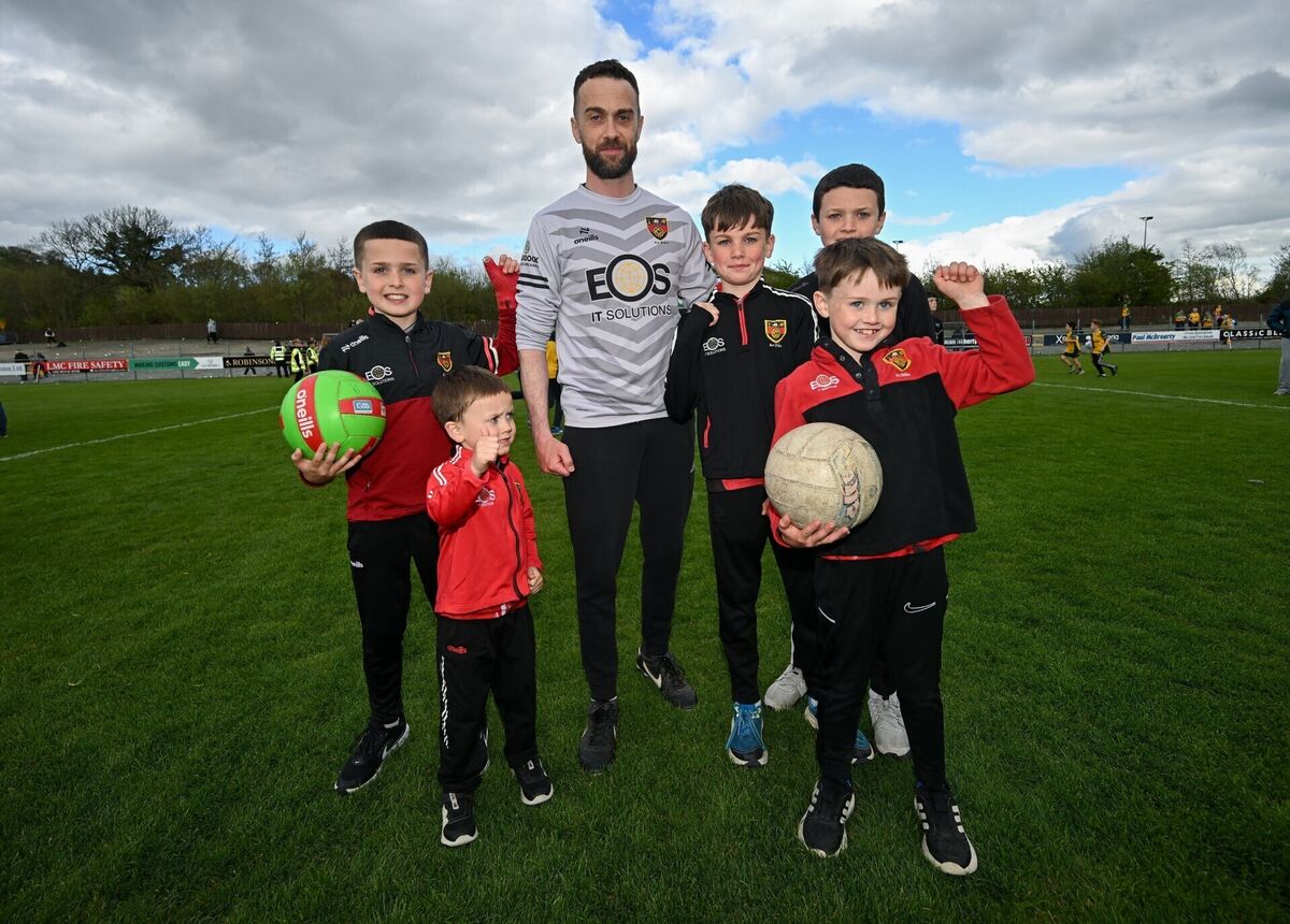 Down manager Conor Laverty celebrates with his children after the Ulster SFC quarter-final victory over Donegal. Pic: Ramsey Cardy/Sportsfile